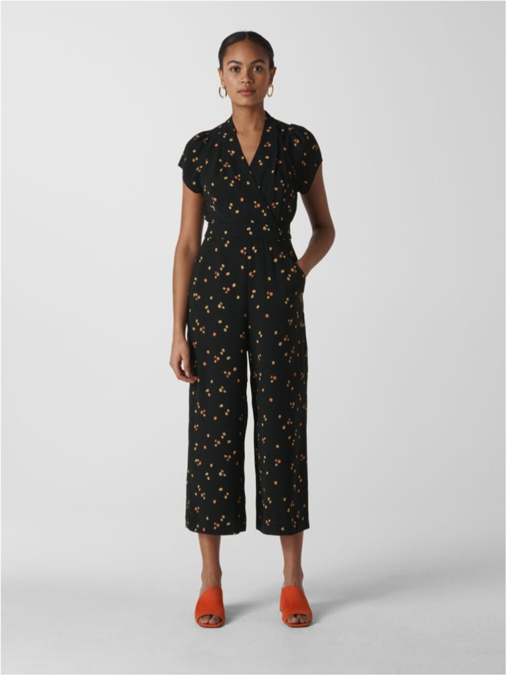 Whistles Black Micro Flora-Print Short Sleeve Wrap Jumpsuit
